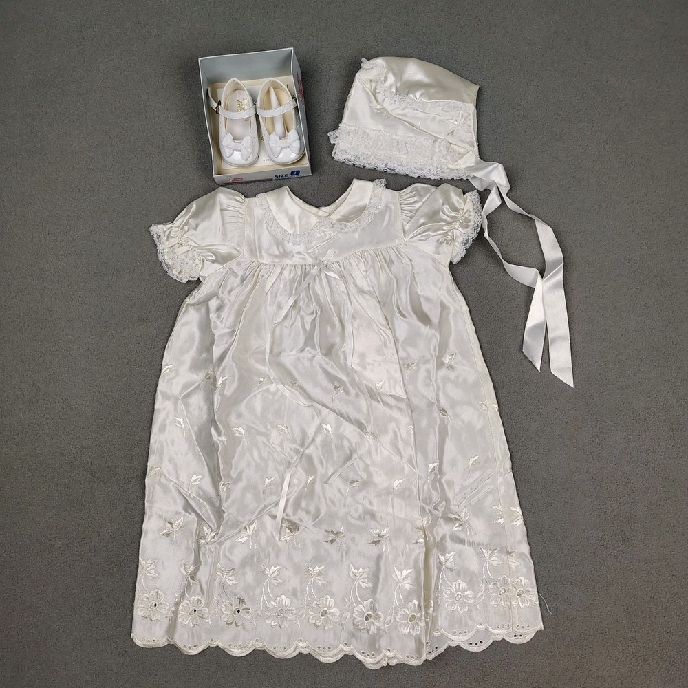 Vintage Baby Girl Baptism Dress Outfit 0-6 Months White Satin Bonnet Shoes Set